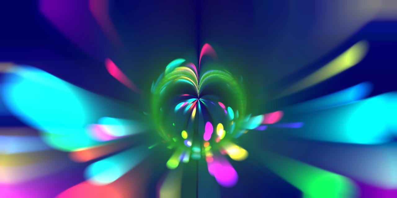 Screenshot from a Flitter program showing colourful distorted ellipse shapeswith trails moving outwards from the centre of the screen.